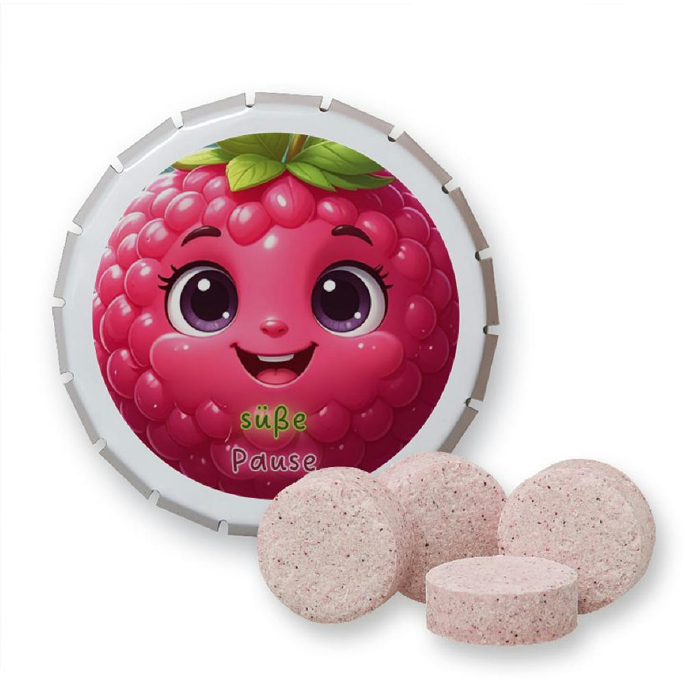 Product image Himbeer Drops, ca. 20g, Klick-Klack Dose weiß Werbeartikel