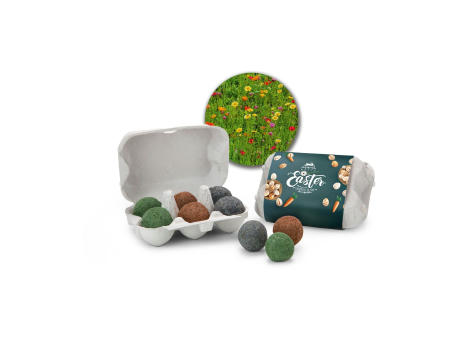 Geschenkartikel / Präsentartikel: Bienenweide im Oster-Eierkarton, 6 bunte Samenbomben Werbeartikel