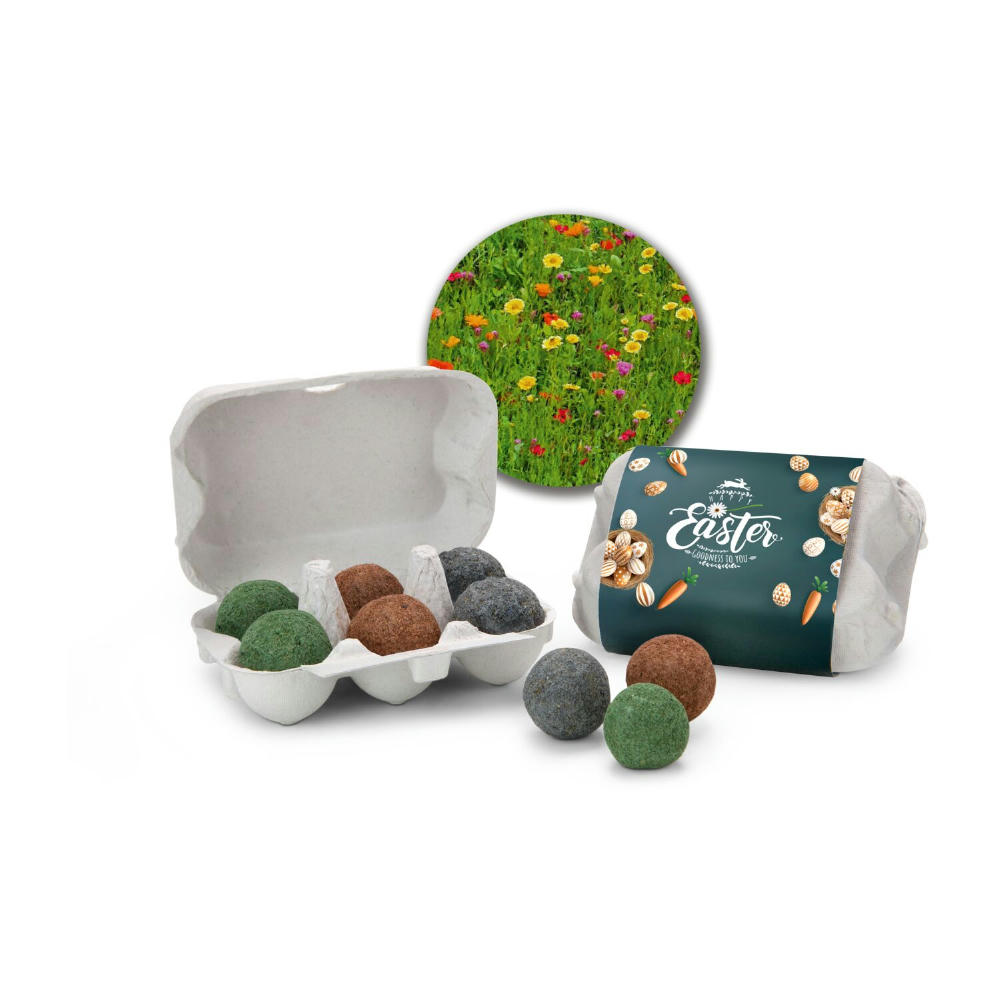 Product image Geschenkartikel / Präsentartikel: Bienenweide im Oster-Eierkarton, 6 bunte Samenbomben Werbeartikel