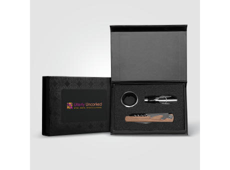 Essex Weinaccessoire-Set aus Edelstahl und FSC-Holz inkl. Geschenkbox – 3-tlg. Werbeartikel