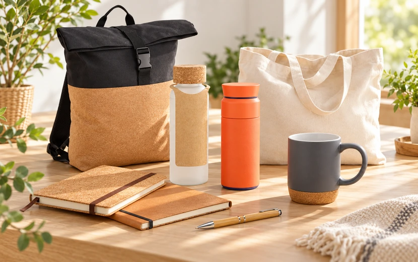 Nachhaltige Werbeartikel mit Rucksack, Baumwolltasche, Trinkflaschen, Notizbüchern, Kugelschreiber und Tasse in natürlicher Produktinszenierung