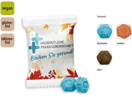 Product image Hustenbonbon Duopack Werbetüte, 2 Stück, Inhalt: Hustenbonbon Sanddorn Werbeartikel