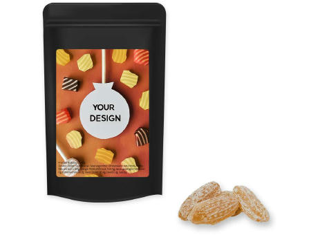 Ingwer Bonbons, ca. 80g, Standbeutel Midi schwarz Werbeartikel