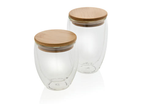 2-tlg Set Borosilikatgläser mit Bambusdeckel 350ml bedrucken