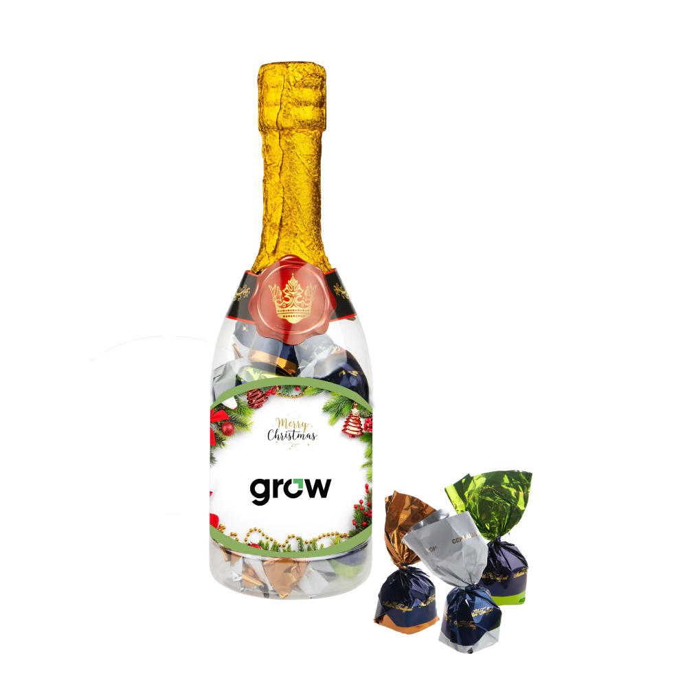 Champagnerflasche mit Schokoladen Pralinen Werbeartikel