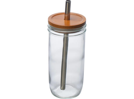 Product image Glasbecher mit Bambusdeckel und Trinkhalm bedrucken