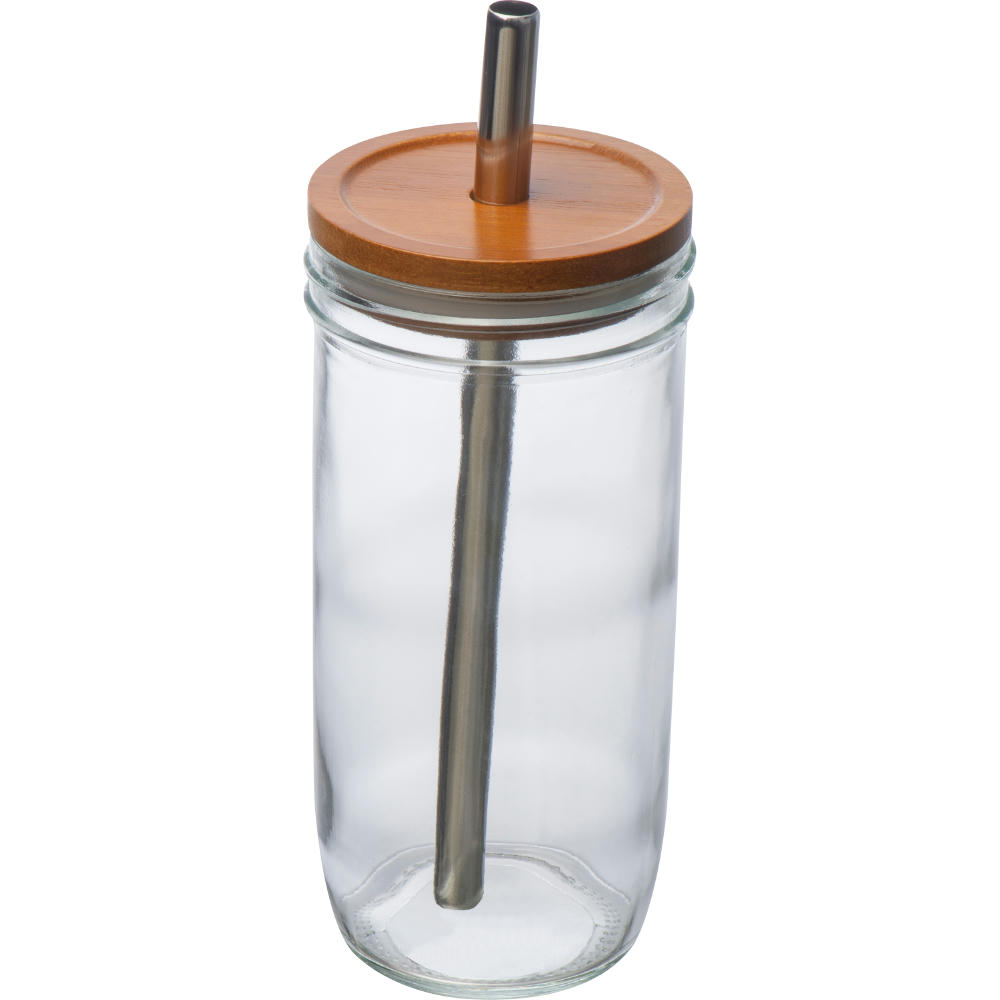 Product image Glasbecher mit Bambusdeckel und Trinkhalm Werbeartikel