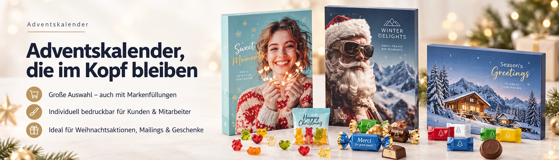 Adventskalender als Werbeartikel mit Logo und Markenfüllungen für Kunden und Mitarbeiter