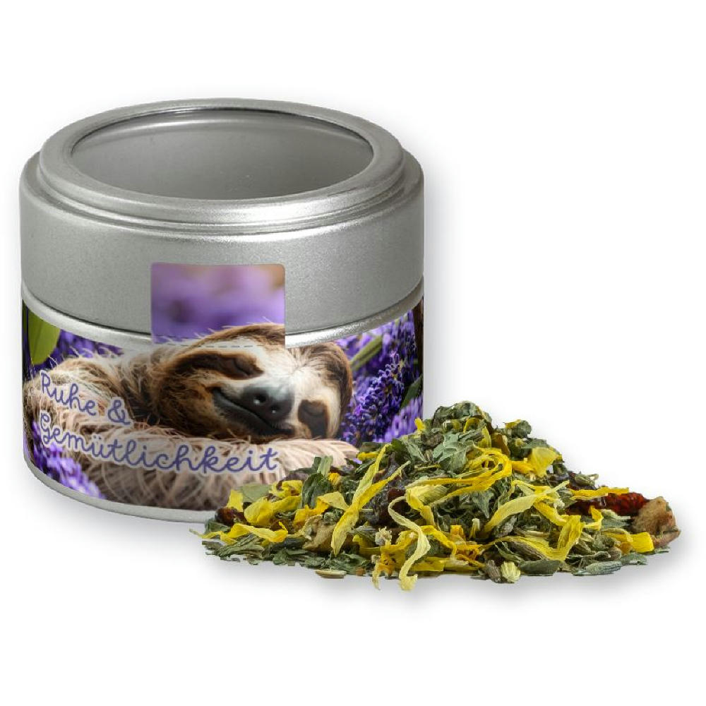 Kräutertee Lavendel, ca. 15g, Metalldose Mini mit Sichtfenster silber Werbeartikel