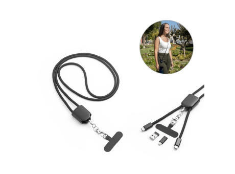 ZEWAIL. Lanyard mit Smartphone-Halterung, USB-C-Kabel und verschiedenen Adaptern aus recyceltem ABS und recyceltem TPE Werbeartikel