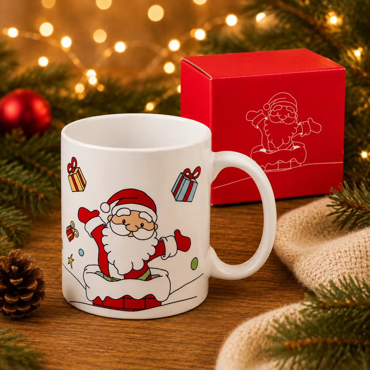 Product image Weiße Keramiktasse mit Weihnachtsmann-Motiv und roter Geschenkbox als festliches Werbegeschenk