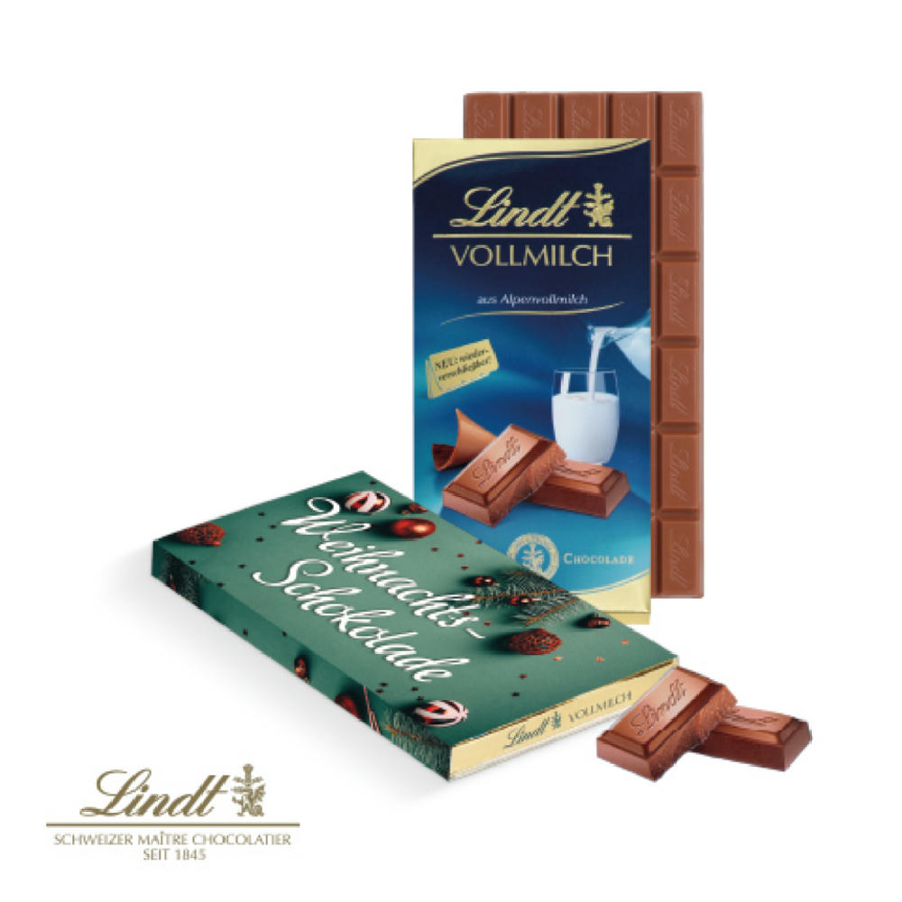 Lindt Schokoladentafel 100g Vollmilch im individuell bedruckbaren FSC® Werbeschuber als Premium B2B Weihnachtsgeschenk