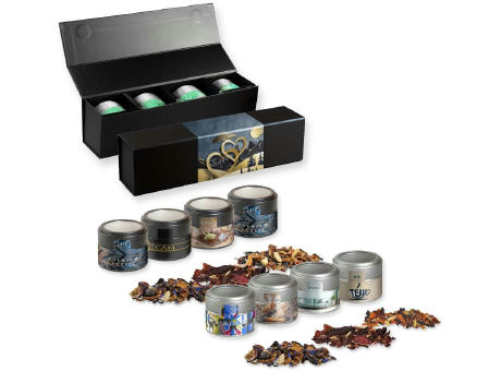 Product image Verschiedene Weihnachts Teesorten, , ca. 120-140g, Geschenk-Set Premium schwarz mit Magnetverschluss und 4 Metalldosen Mini mit Sichtfenster Werbeartikel