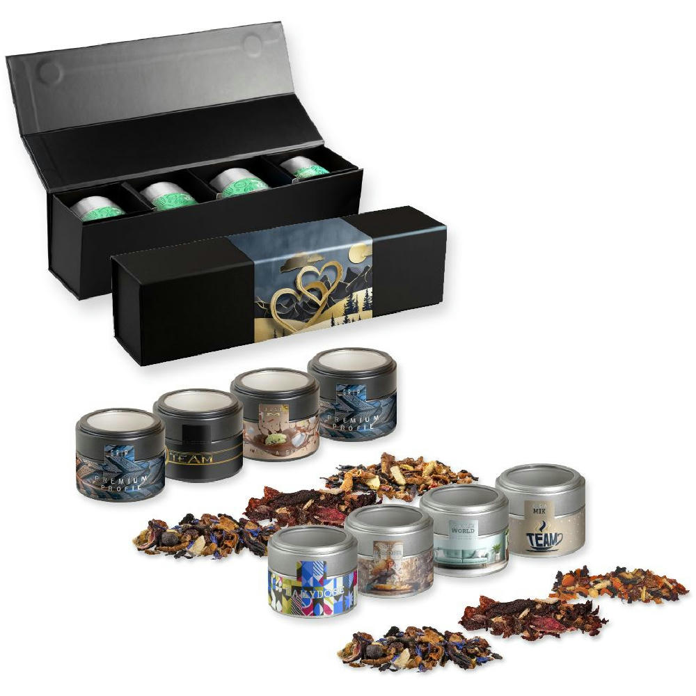 Product image Verschiedene Weihnachts Teesorten, , ca. 120-140g, Geschenk-Set Premium schwarz mit Magnetverschluss und 4 Metalldosen Mini mit Sichtfenster Werbeartikel