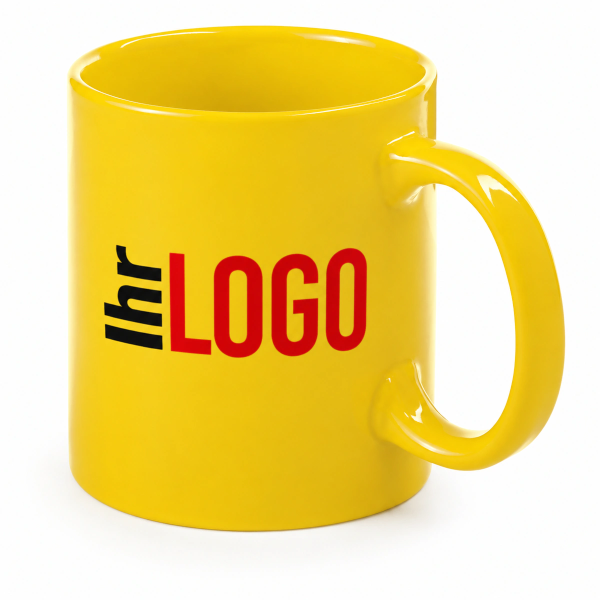 Glänzend gelbe Tasse Zifor mit gelber Innenseite und schwarz-rotem Logoaufdruck als Werbeartikel vor weißem Hintergrund.
