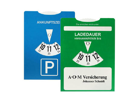 Kartonparkscheibe mit Ladedaueranzeige für E-Autos Werbeartikel