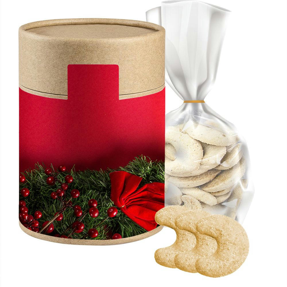 Product image Vanillekipferl, ca. 100g, Beutel in Kraftpapierdose Maxi Werbeartikel