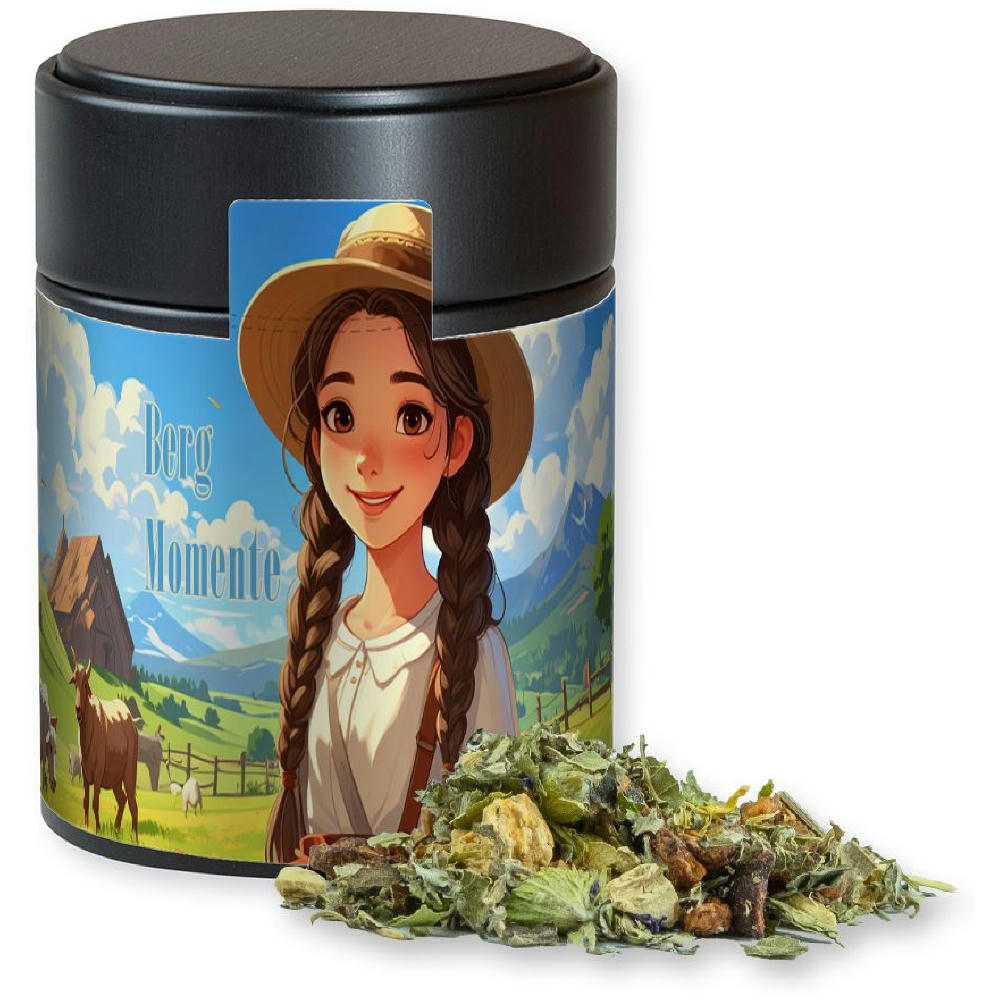 Product image Kräutertee Bergtee & Zitrus, ca. 40g, Metalldose Midi schwarz Werbeartikel