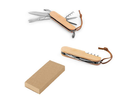 RYKER. Multifunktionales Taschenmesser aus Bambus und Edelstahl mit PU-Griff Werbeartikel