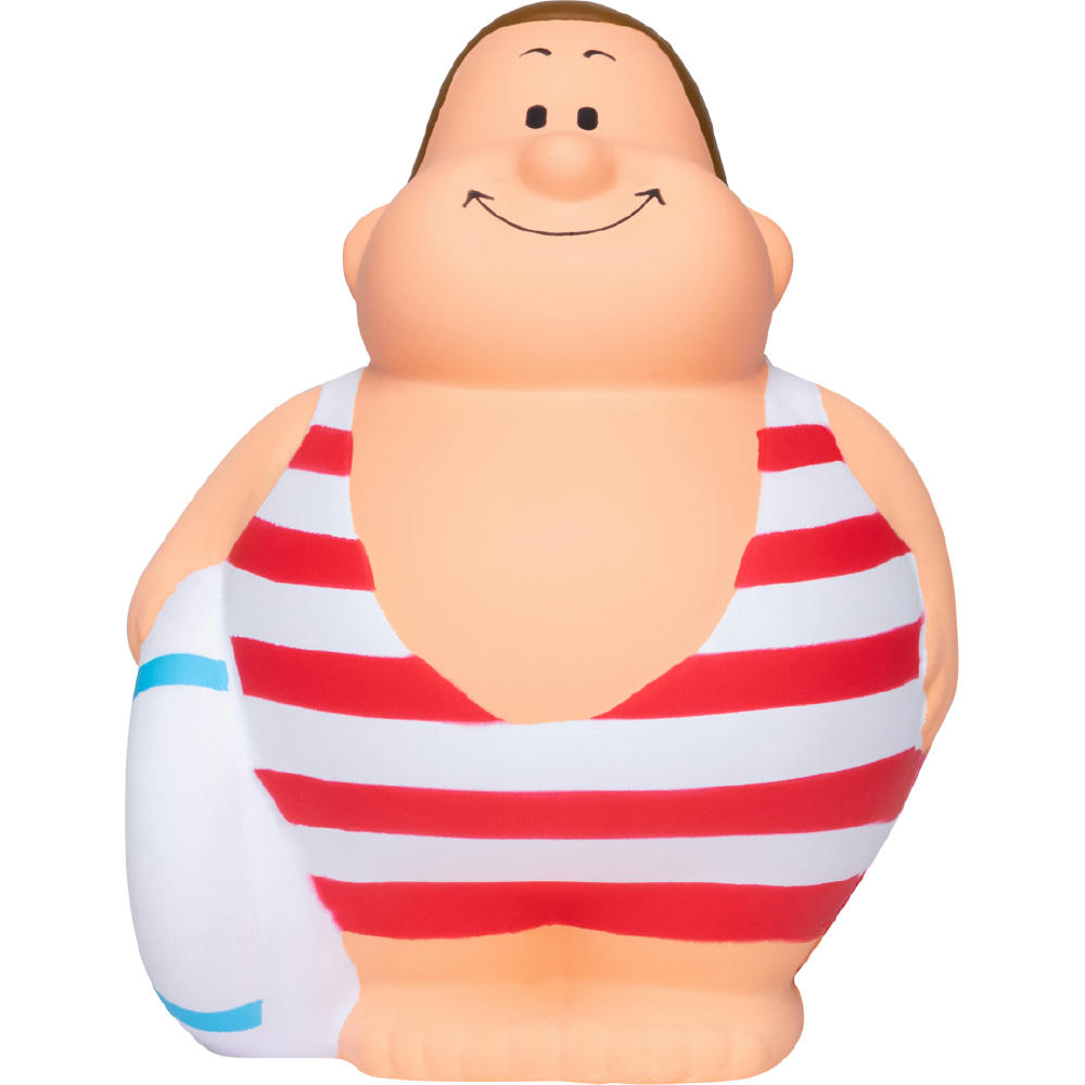 Product image Schwimmer Bert im rot-weiß geringelten Badeanzug mit Schwimmbrett – Anti-Stress-Figur als Werbeartikel für Bäder