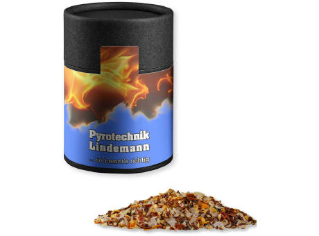 Gewürzmischung Feuer und Flamme, ca. 75g, Kraftpapierdose Midi schwarz Werbeartikel