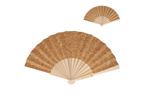 Fächer aus Holz mit Korkgewebe Werbeartikel