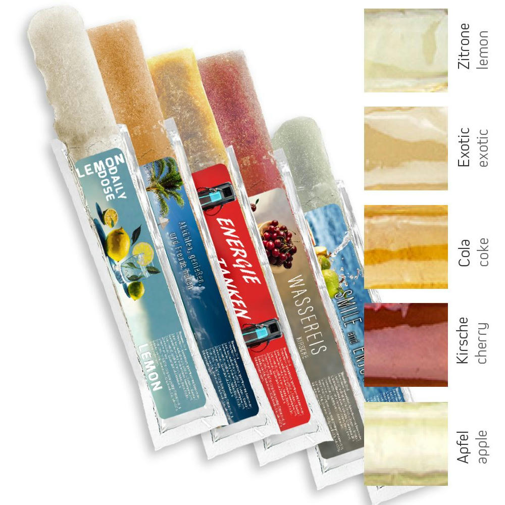 Wassereis im 5er Sortenmix (Apfel, Kirsche, Cola, Exotic, Zitrone), 30 ml, Express Schlauchtüte mit Etikett Werbeartikel