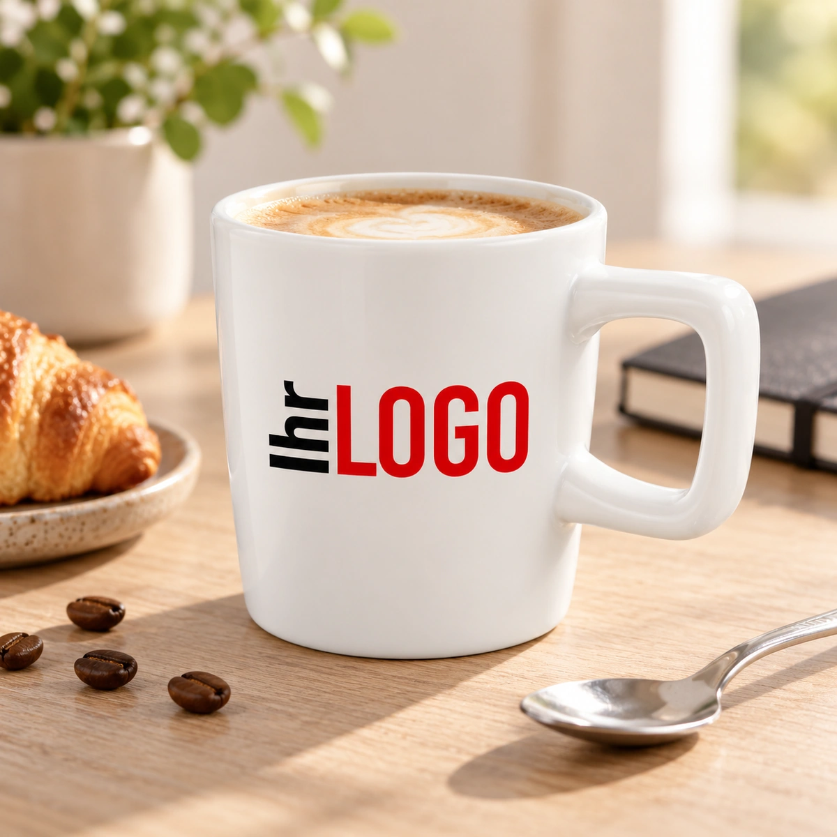 Ross 280 ml Keramiktasse Ross 280 ml Keramiktasse in Weiß mit „Ihr Logo“ in einer gemütlichen Kaffeeszene als Werbeartikel für Unternehmen.