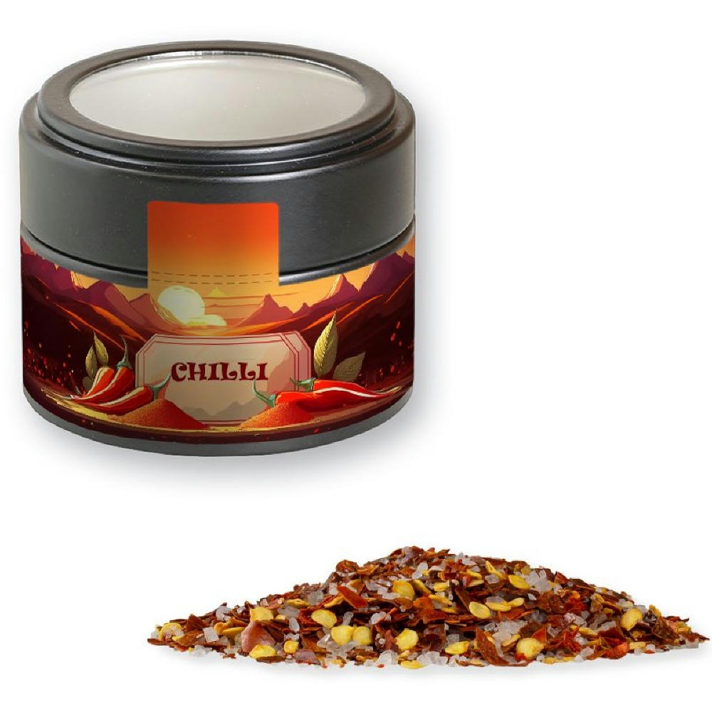 Product image Gewürzmischung Chili-Salz, ca. 45g, Metalldose Mini mit Sichtfenster schwarz Werbeartikel