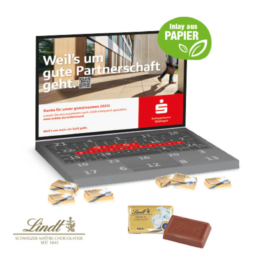 Adventskalender Laptop mit Lindt Schokolade Werbeartikel