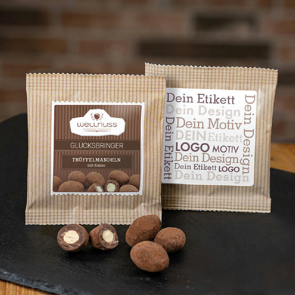 Product image Trüffelmandeln mit Kakao im Premium Flowpack Werbeartikel