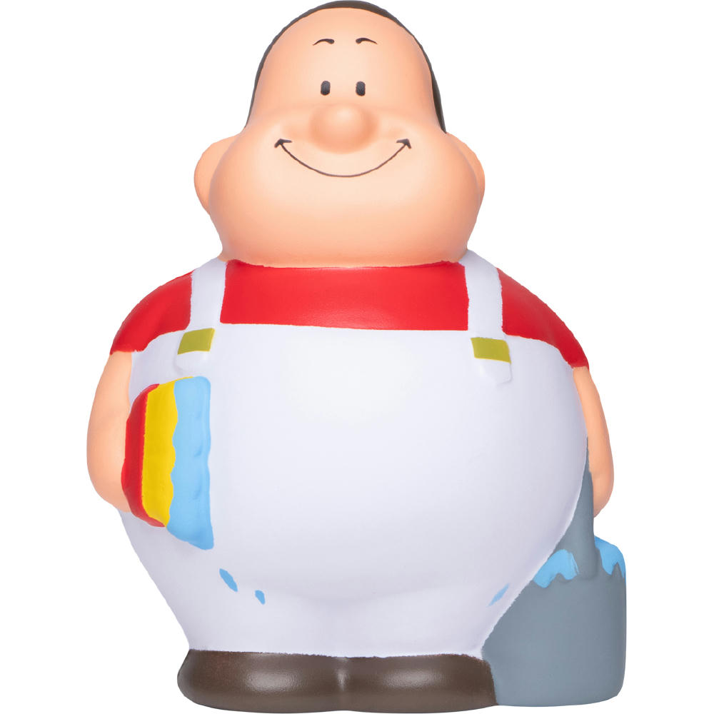 Product image Maler Bert mit rotem Shirt, weißer Latzhose, Pinsel und Farbeimer – Anti-Stress-Figur zum Bedrucken für Malerbetriebe