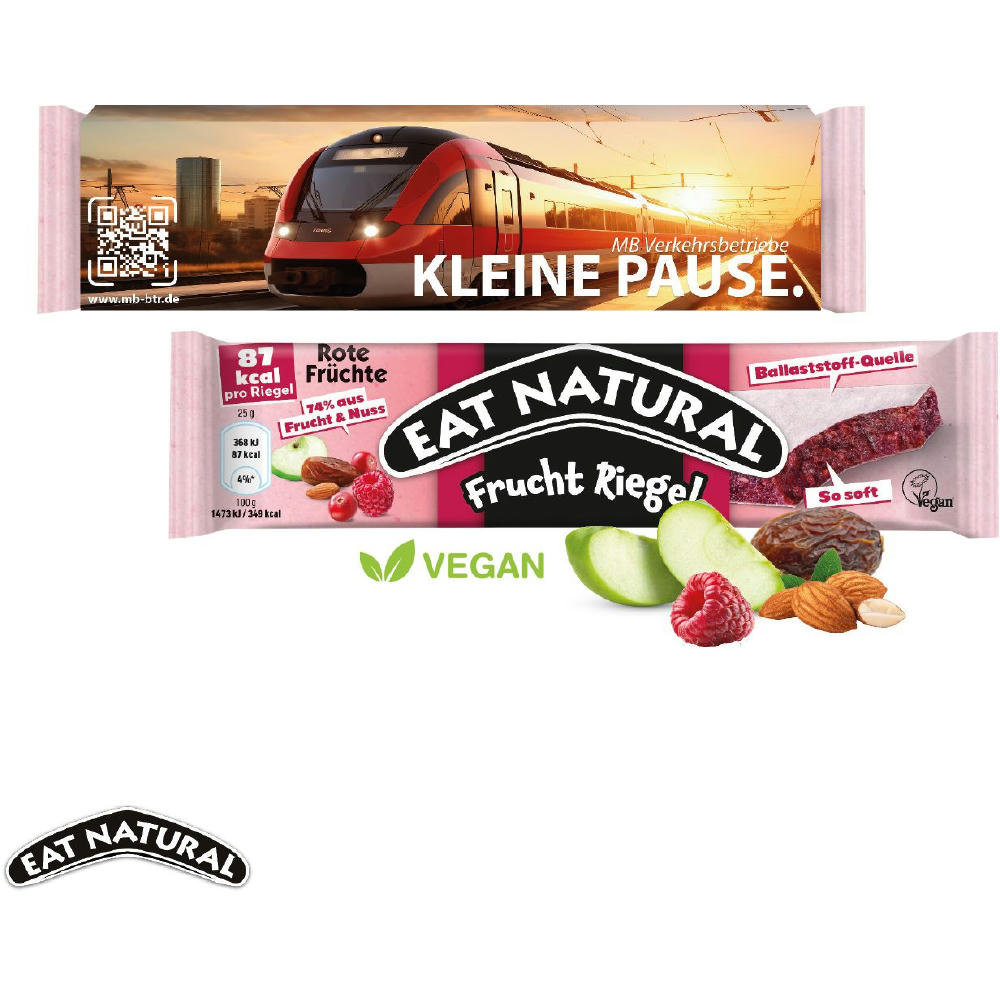 Product image EAT NATURAL Fruchtriegel vegan in individuell 4c bedruckter FSC® Werbekartonage als gesunder B2B Werbeartikel mit Logo für Messen und Events