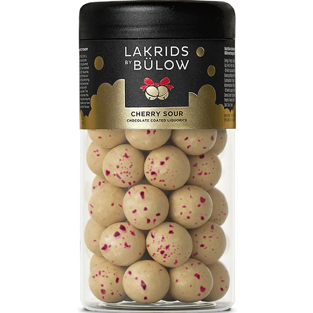 Lakrids by Bülow Cherry Sour Regular-Dose 270 g mit gesprenkelten Kugeln – Schokolade mit Lakritz