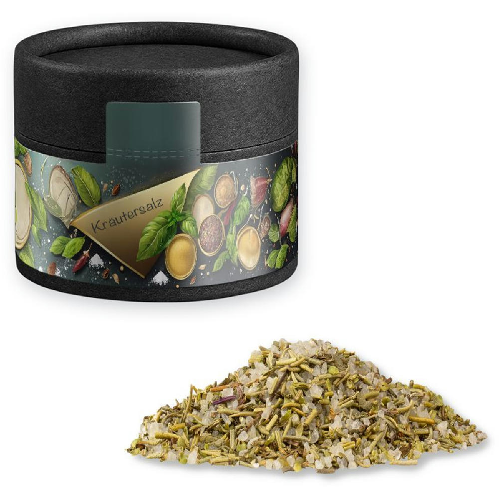 Product image Gewürzmischung Kräutersalz, ca. 40g, Kraftpapierdose Mini schwarz Werbeartikel