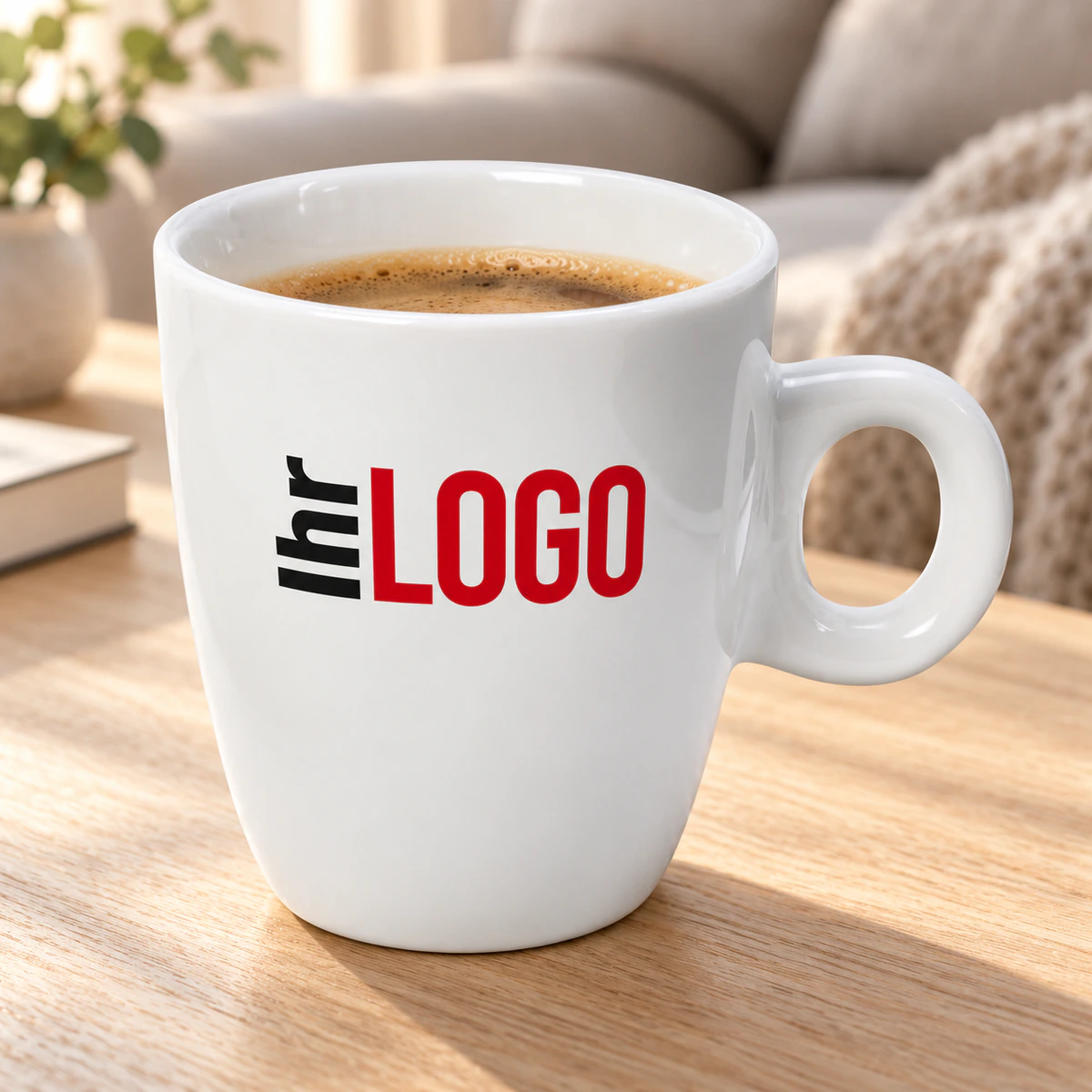Tasse Geneve 200ml Weiße Tasse Geneve, 200 ml, mit Logo und Kaffee auf einem Holztisch vor einem Sofa mit Strickdecke in häuslicher Atmosphäre.