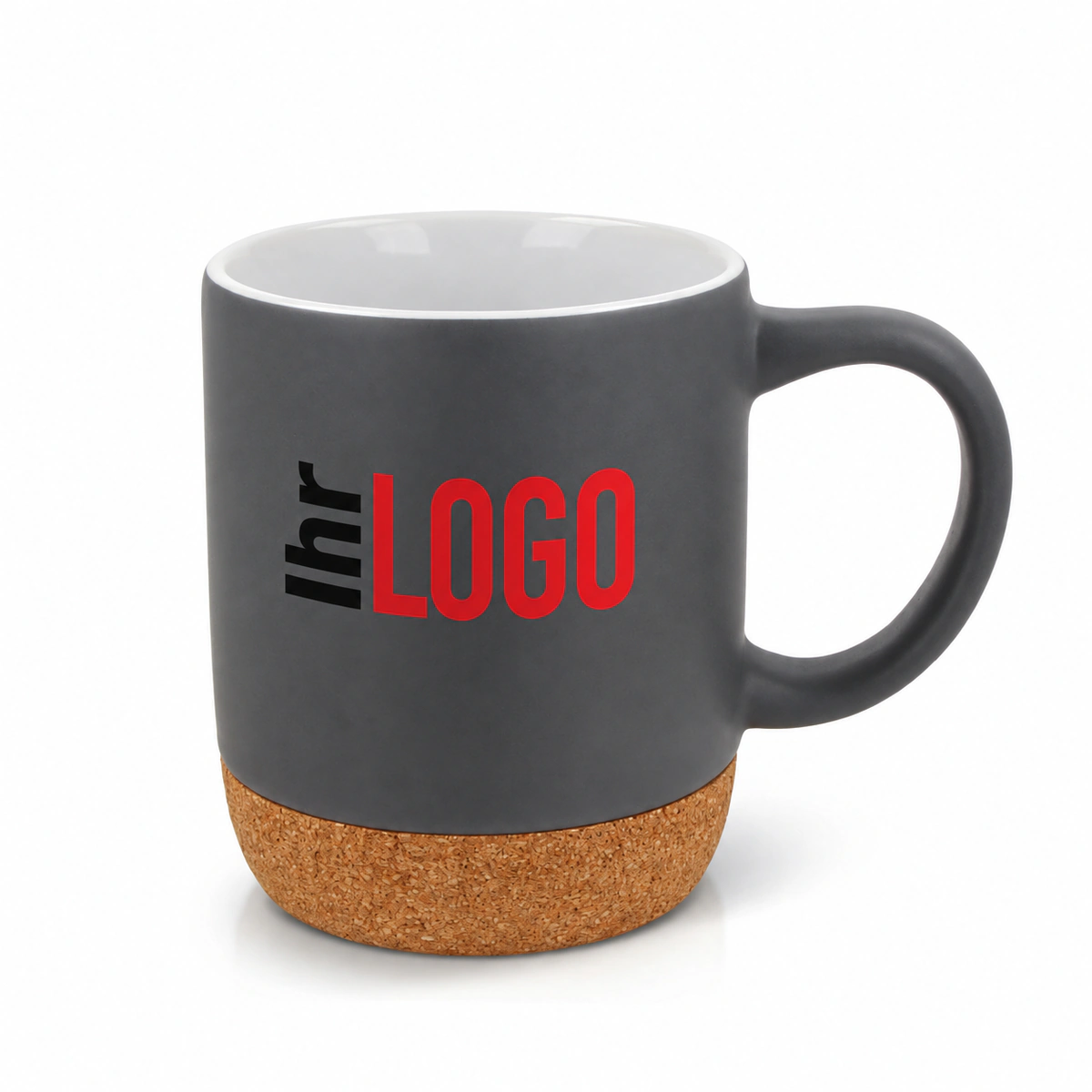 Grauer Becher Sevilla, 250 ml, mit Logo, weißer Innenseite und Korkboden als Werbeartikel vor weißem Hintergrund.