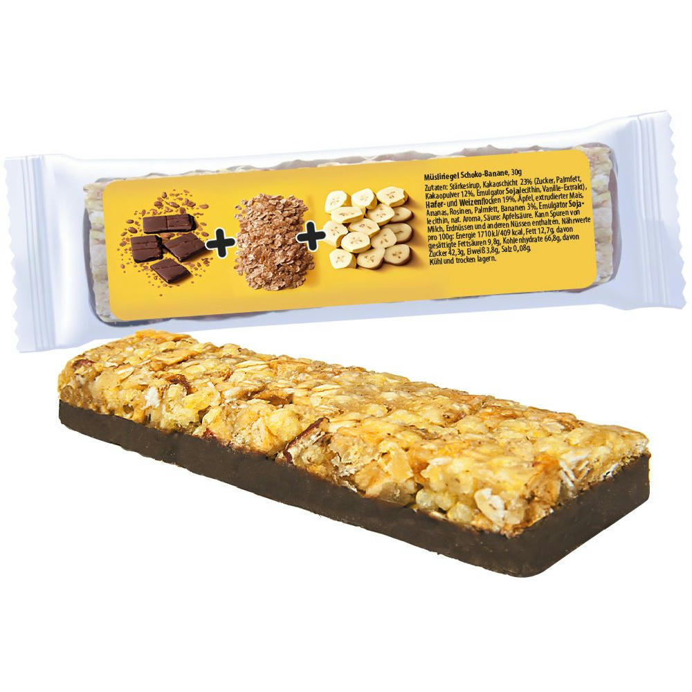 Product image Müsliriegel Schoko-Banane, 25g, Express Flowpack mit Etikett Werbeartikel