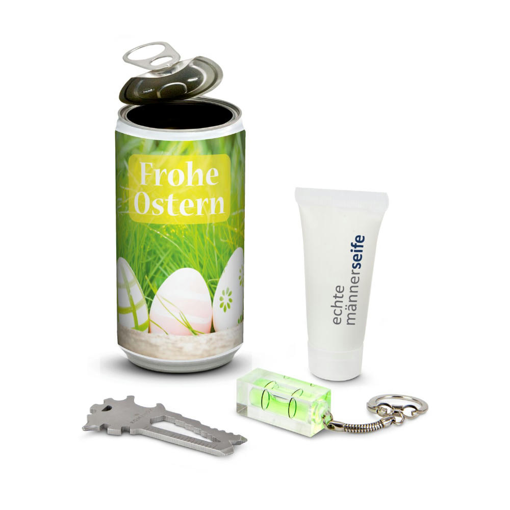 Product image Geschenkset / Präsenteset: Männer-Geheimnis Ostern, das Nest in der Dose - Etikett Frohe Ostern - EierWiese Werbeartikel