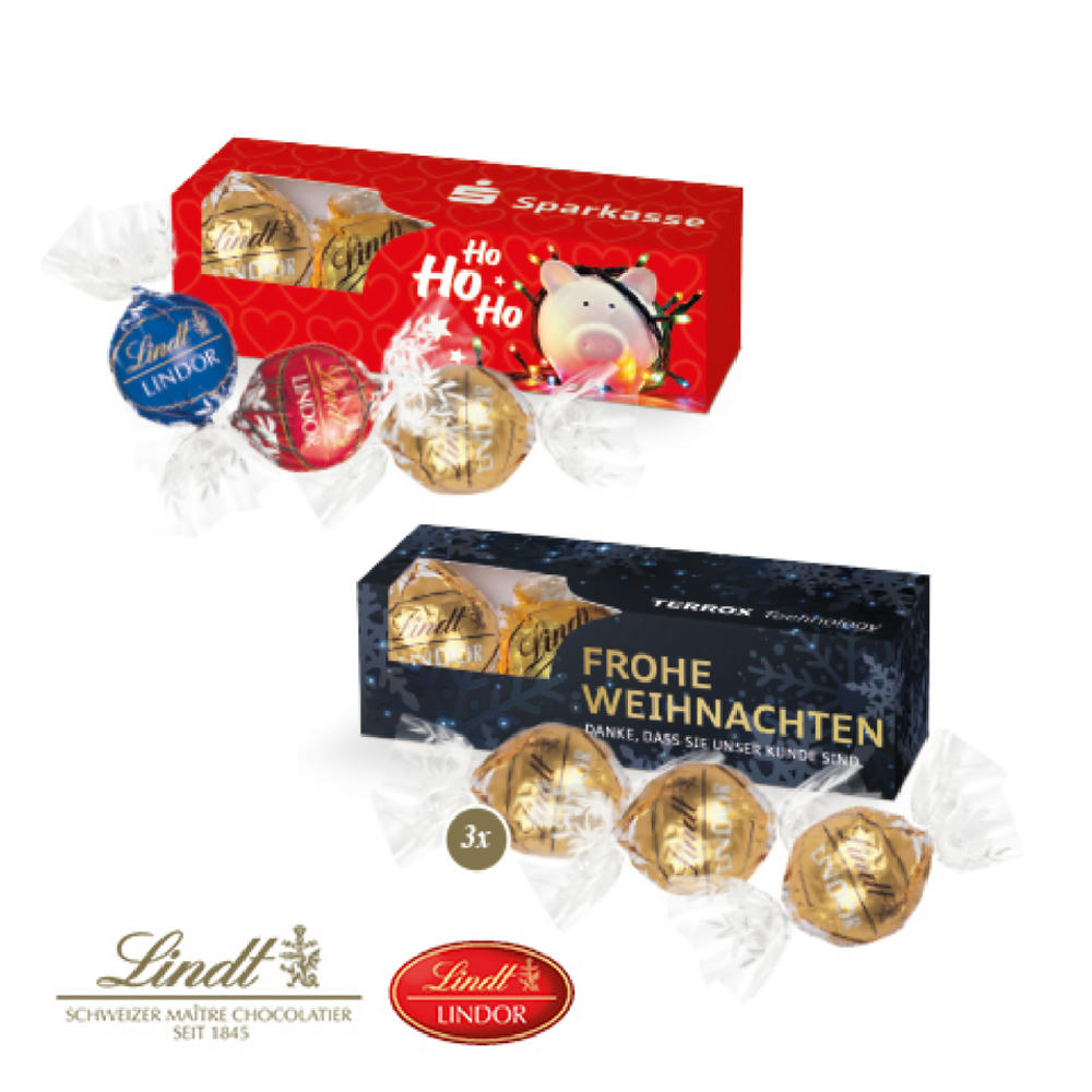 Lindt Lindor Präsent 3er Box gefüllt mit 3 Lindor Pralinés in individuell bedruckbarer FSC® Werbekartonage als B2B Weihnachtsgeschenk