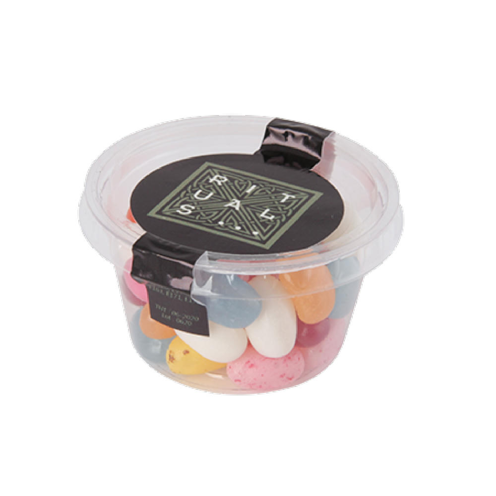 Product image Transparenter biologisch abbaubarer Becher mit separatem Deckerl, Füllung 60 gr. Carletties und Jelly Beans Werbeartikel