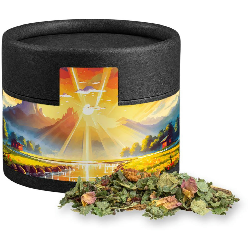 Product image Kräutertee Glücksgefühle, ca. 10g, Kraftpapierdose Mini schwarz Werbeartikel