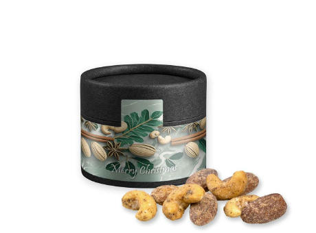 Product image Zimt-Mandel Vanille-Cashew Mix, ca. 40g, Kraftpapierdose Mini schwarz bedrucken