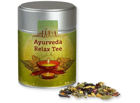 Ayurveda Relax-Tee, ca. 60g, Metalldose Midi silber Werbeartikel