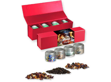 Product image Verschiedene Teesorten, , ca. 60-140g, Geschenk-Set Premium rot mit Magnetverschluss und 4 Metalldosen Mini mit Sichtfenste Werbeartikel