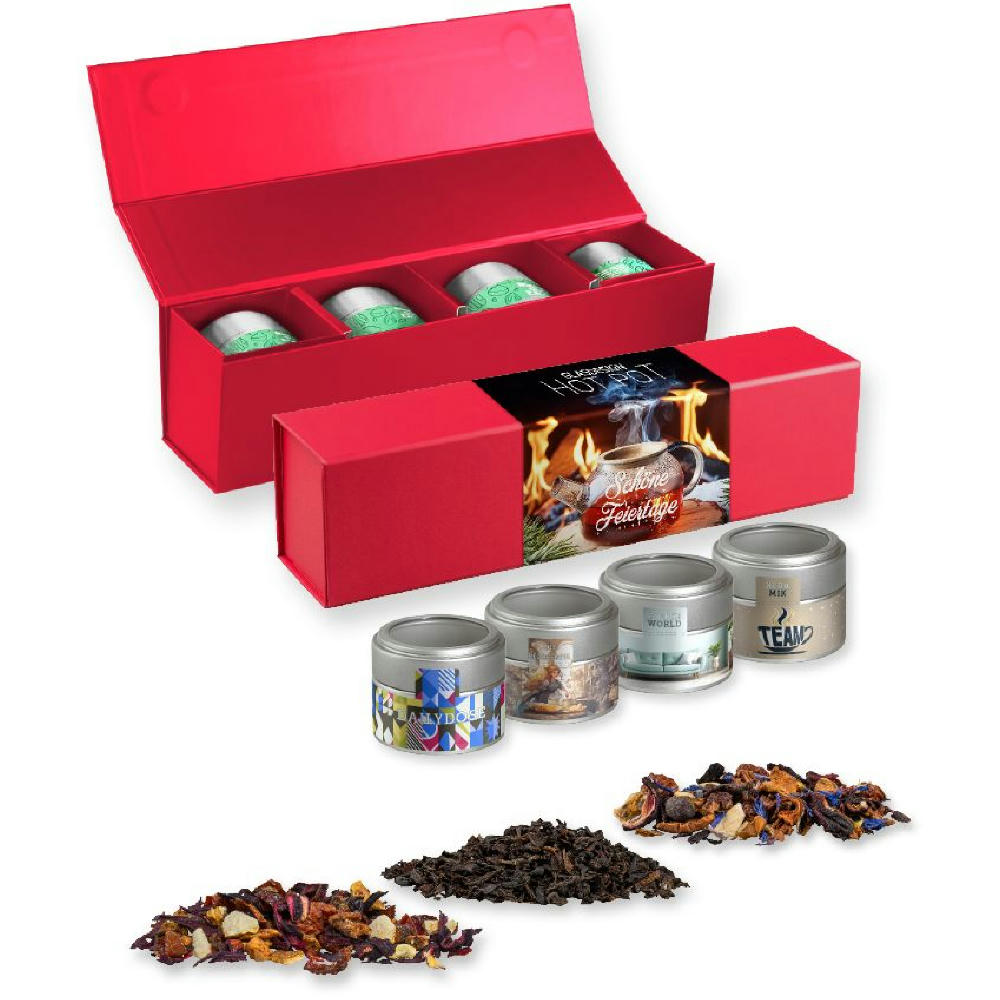 Product image Verschiedene Teesorten, , ca. 60-140g, Geschenk-Set Premium rot mit Magnetverschluss und 4 Metalldosen Mini mit Sichtfenste Werbeartikel