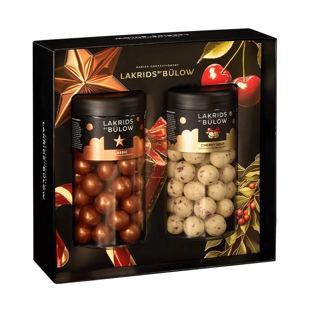 Lakrids by Bülow Black Box Classic Caramel & Cherry Sour mit zwei Regular-Dosen – Lakritz Geschenkbox
