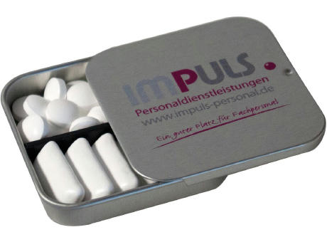 Twin Tin, schwarz individuell, Inhalt: Kaugummi Dragees zuckerfrei (Dose) Werbeartikel