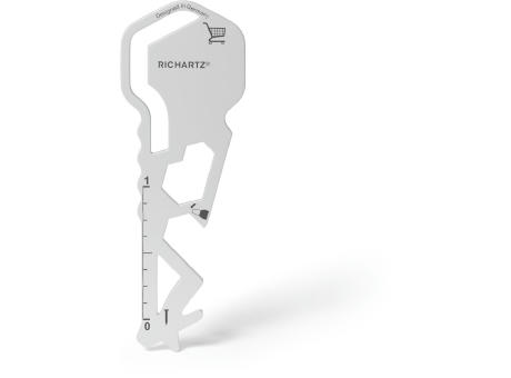 RICHARTZ SUPER KEY cut: Multitool in Schlüsselform mit Einkaufswagen-Symbol und Lineal – Werbeartikel mit Logo