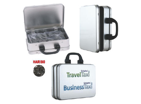 Product image Koffer-Blechdose mit ca. 150 gr. Lakritz Geld Werbeartikel